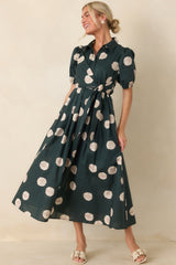 Gather Around Hunter Green Dot Print Cotton Midi Dress