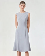 Triacetate Sleeveless Midi Dress with Fluted Hem