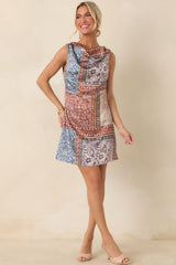 Looking Like a Yes Rust & Blue Scarf Print Cowl Neck Mini Dress