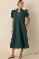 She Makes a Strong Point Hunter Green Contrast Stitch Cotton Midi Dress