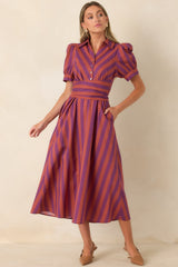 A Fresh Approach Plum & Burgundy Stripe Cotton Midi Shirt Dress