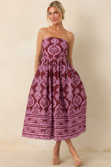 Painted Passage Wine & Orchid Pink Cotton Strapless Midi Dress