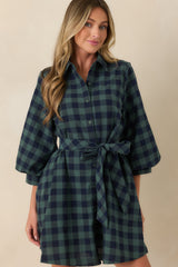 Worth Considering Navy & Jade Cotton Plaid Mini Shirt Dress