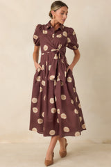 Gather Around Rust Brown Dot Print Cotton Midi Dress