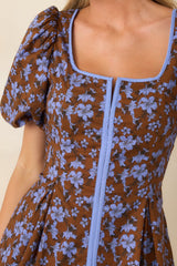 The Prettiest View Brown & Blue Floral Cotton Mini Dress