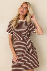 On Your Side Brown Stripe Tie Mini Dress