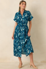 You’ll See Soon Dark Teal Multi Floral Print Belted Midi Shirt Dress