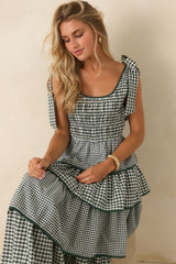 Garden Party Plans Hunter Green Gingham Tiered Midi Dress