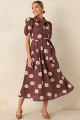 Gather Around Rust Brown Dot Print Cotton Midi Dress