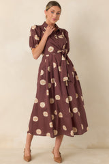Gather Around Rust Brown Dot Print Cotton Midi Dress
