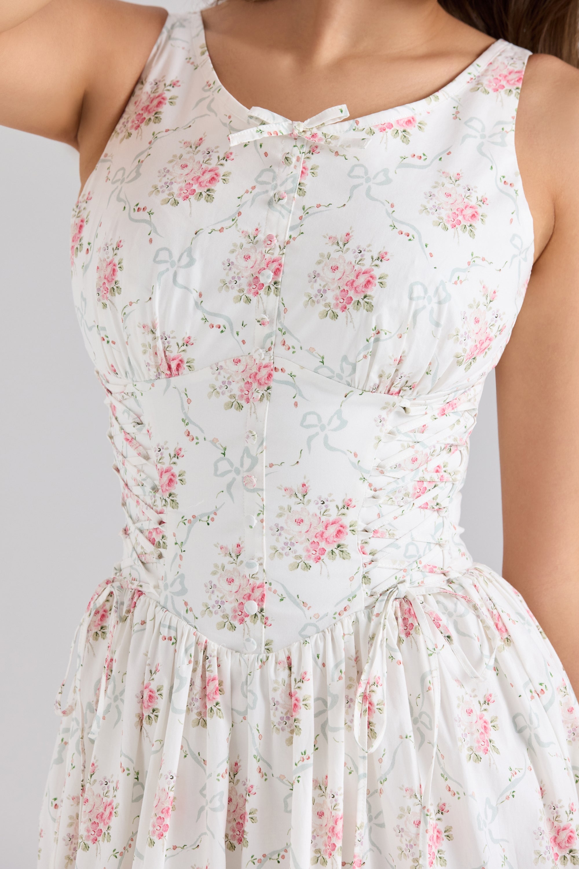 rose print stretch cotton lace up midi dress