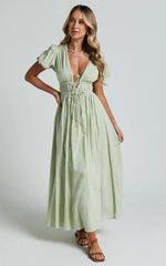 Matteo Midi Dress - Deep V Neck Puff Sleeve Dress in Sage