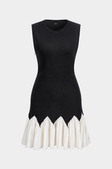 Knit Round Neck Contrast Ruched Hem Sleeveless Mini Dress