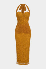 Lace Mesh Patchwork Halter Neck Corset Sleeveless Maxi Dress