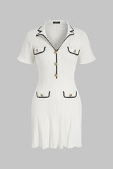 Knit Contrast Trim Metallic Button Short Sleeve Mini Dress