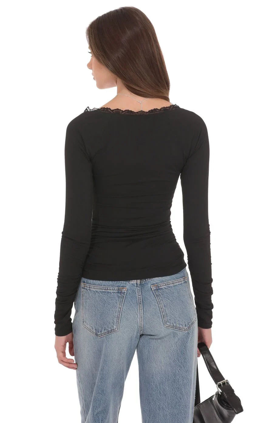 Lace Trim Long Sleeve Top in Black