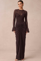 Mesh Patchwork Ruched Bell Long Sleeve Maxi Dress