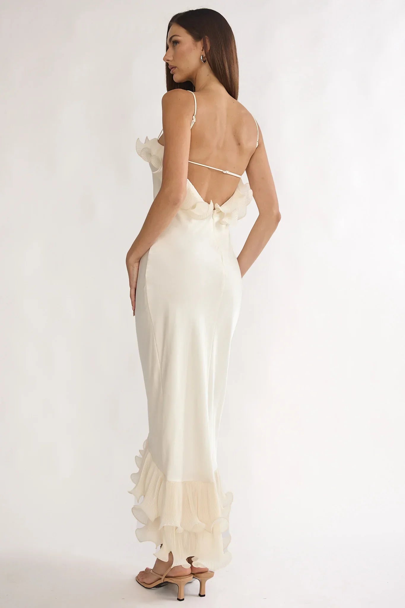 Okay, Cupid Low Back Ruffle Trim Maxi Dress Oyster
