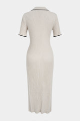 Knit Conrast Trim Button Ribbed Short Sleeve Maxi Dress